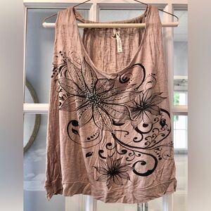 Andrea Missy, Size XL Tan/Taupe Tank Top with Black Flowers & Swirls and Beads